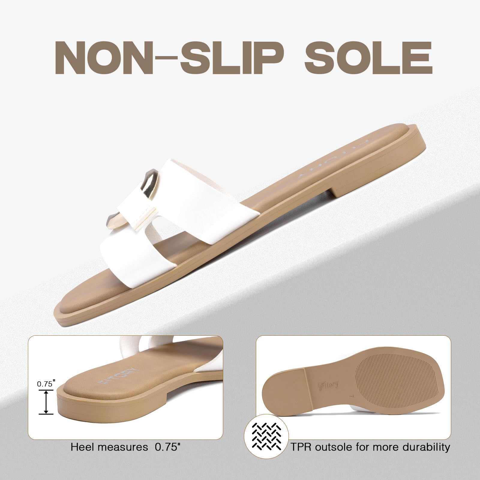 FITORY Women's Flat Sandals Fashion Square Open Toe Slides With Metal Chain Slippers for Summer Size 8 White