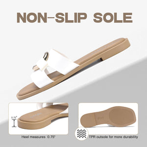 FITORY Women's Flat Sandals Fashion Square Open Toe Slides With Metal Chain Slippers for Summer Size 8 White