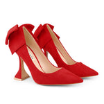 Load image into Gallery viewer, Zzheels Women's Bow High Heels Closed Toe Heels with Bow Chunky Heels Bridal Wedding Shoes Red Suede US6
