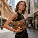 Load image into Gallery viewer, FEIMINA Croc Embossed Top Handle Handbag for Women Leather Mini Crossbody Purse with Gold Chain Strap Ring Closure Evening Bag for Ladies Girls (7.3" L x 5.5" H, Brown)
