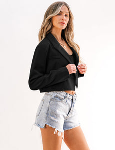 Luvamia Womens Fashion Lapel Cropped Blazer - Business Casual Open Front Black Blazer for Women's Interview Outfits - Size Medium (Fits Size 8 / 10)