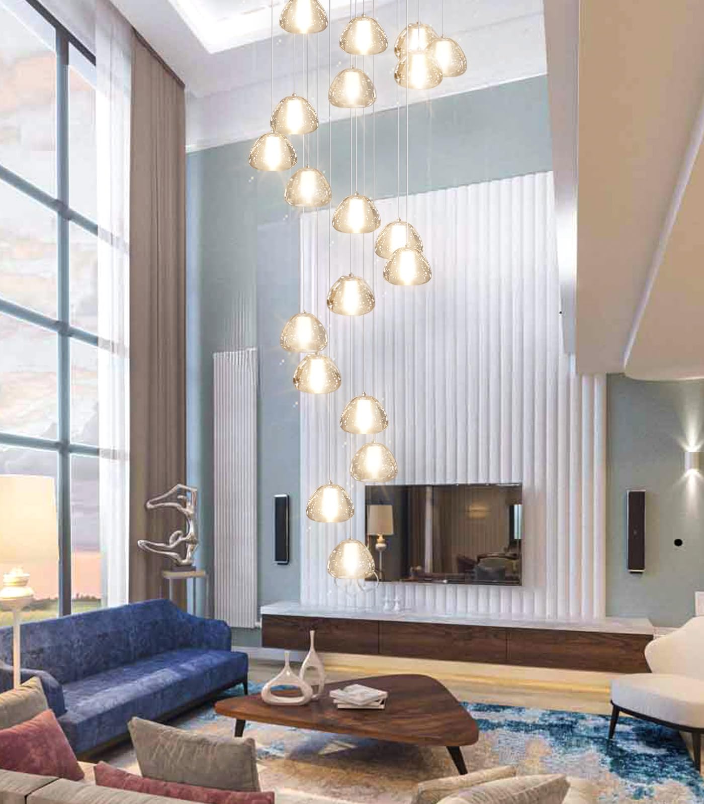 dolria Gold Modern Crystal Chandelier for Staircases 157" Long Adjustable Ceiling Light for Entrance 3000K LED Hanging Lighting Living Room Hallway Entryway