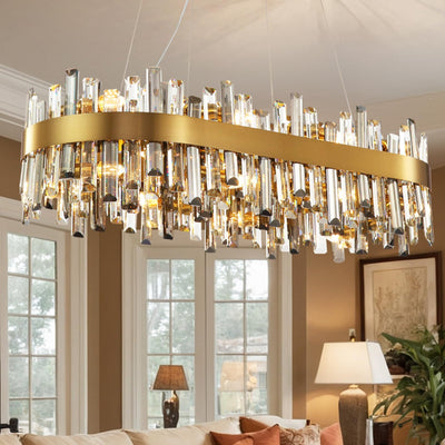 VLHUD Luxury Modern Crystal Chandelier, L40'' Dining Room Chandelier Over Table, 16 Lights Rectangle Oval Flush Mount Pendant Light Gold Dining Room Light Fixture, for Kitchen Island & Living Room