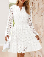 Load image into Gallery viewer, ZESICA Women&#39;s 2025 Long Sleeve Mini Dress Spring V Neck Hollow Out Eyelet Embroidery Ruffle A Line Swing Short Dresses,White,Medium
