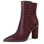 Load image into Gallery viewer, YODEKS Womens Ankle Boots Chunky Heel Short Ankle Booties Rivet Beaded Studded Pointed Toe 3.7 Inch High Block Heel Burgundy Boots Size 7.5
