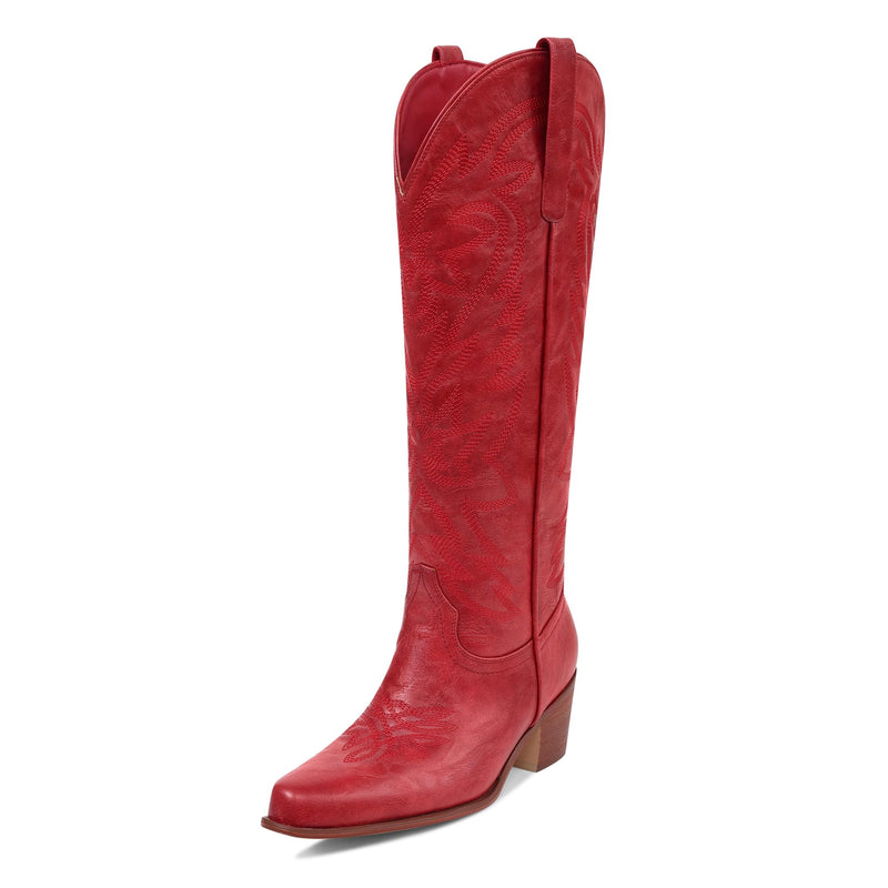 Ouepiano Red Cowboy Boots for Women Cowgirl Knee High Boots with Classic Embroidered Pull On & Side Zipper Pointed Toe Chunky Heel Vintage Country Western Boots Size 8.5
