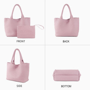SporGenius Woven Tote Bag for Women, Vegan Leather Handwoven Bags with Small Handmade Purse, Large Travel Braided Top Handle Handbags (Pink)