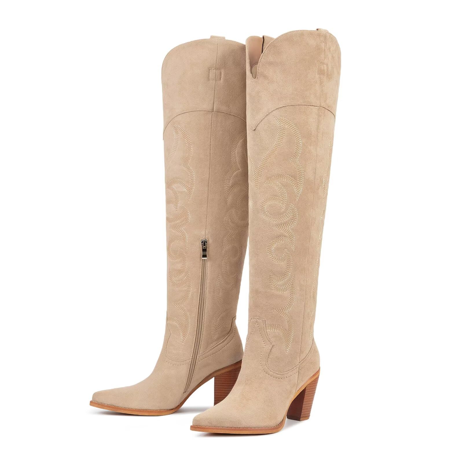 ISNOM Apricot Cowgirl Cowboy Boots for Women Thigh High Western Womens Over the Knee Tall Boots Chunky Heel Country Pointed Toe Wide Calf Embroidery Side Zipper Size 7