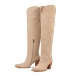 Load image into Gallery viewer, ISNOM Apricot Cowgirl Cowboy Boots for Women Thigh High Western Womens Over the Knee Tall Boots Chunky Heel Country Pointed Toe Wide Calf Embroidery Side Zipper Size 7
