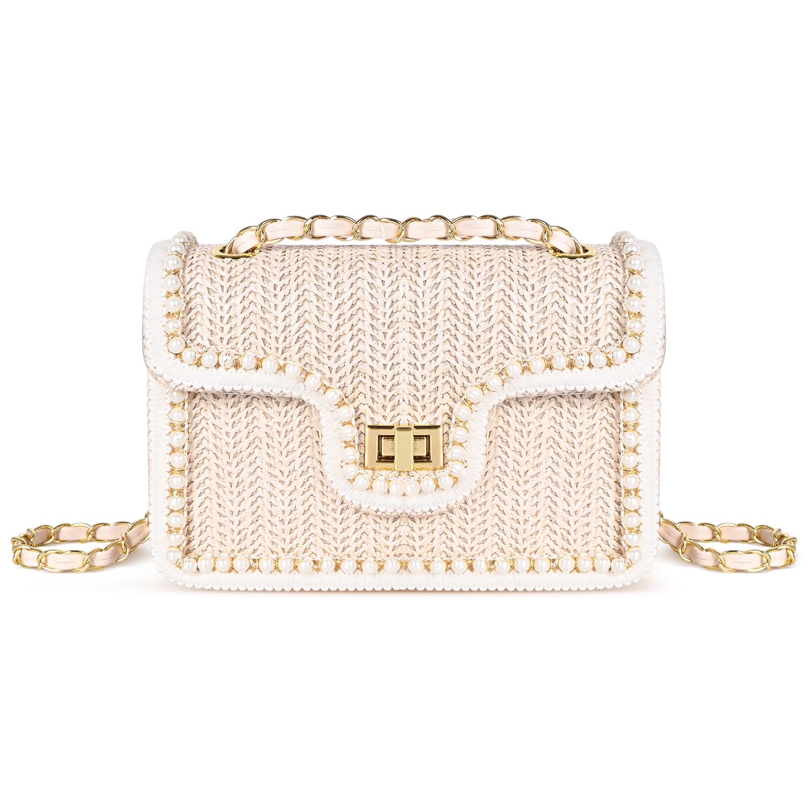 OWGSEE Straw Crossbody Bags for Women Summer Pearl Straw Clutch Purse Woven Shoulder Bag Vacation Handbags (Medium)