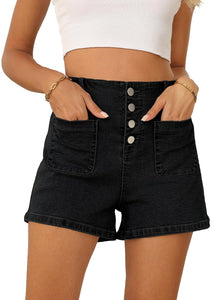 Sidefeel Women's Jean Shorts High Waisted Button Fly Stretchy Summer Denim Shorts with Pockets Black Size 4