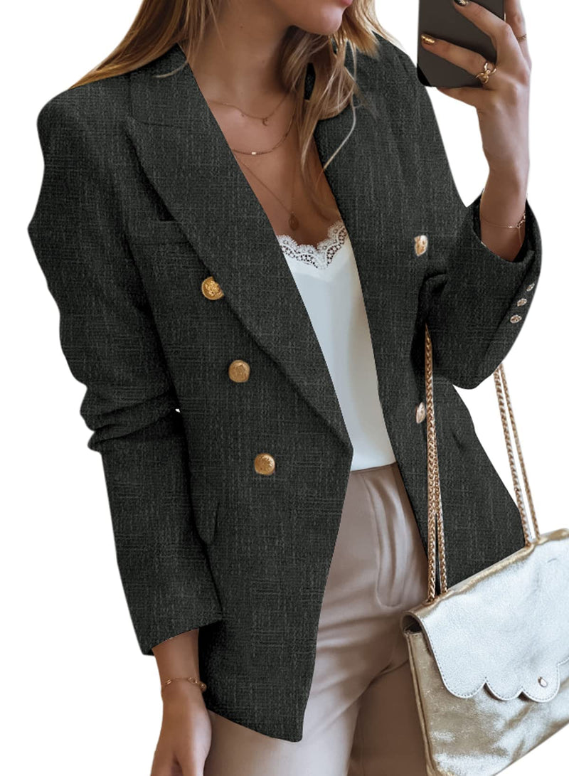 Happy Sailed Double Breasted Tweed Blazers for Women Slim Fitted Professional Lapel Collar Office Blazer Jackets Fall Long Sleeve Open Front Business Suits for Work Black Medium
