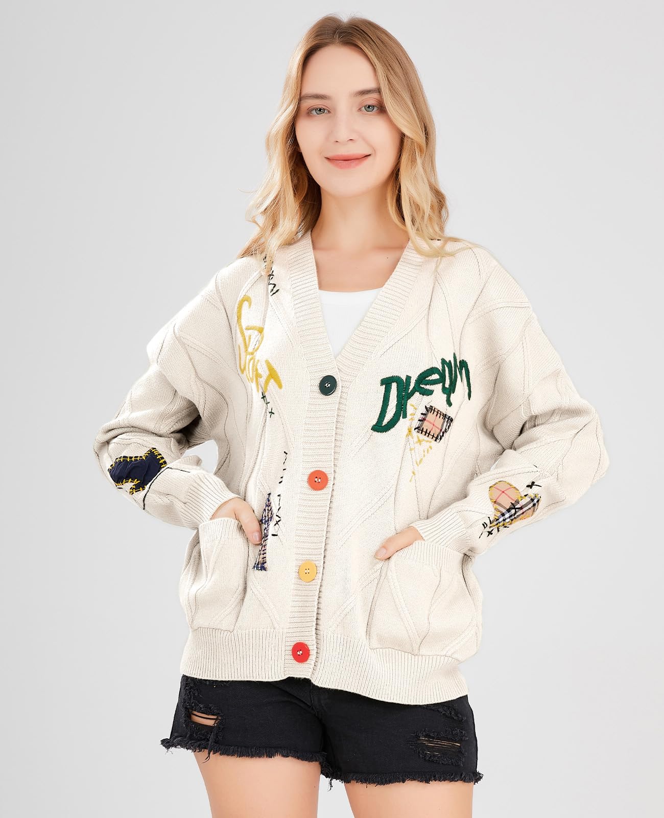 Women's Cable Knit Long Sleeve Open Front Cardigan Sheep V-Neck Button Down Embroidery Wool Blend Sweater Coat Outwear (S,Beige)