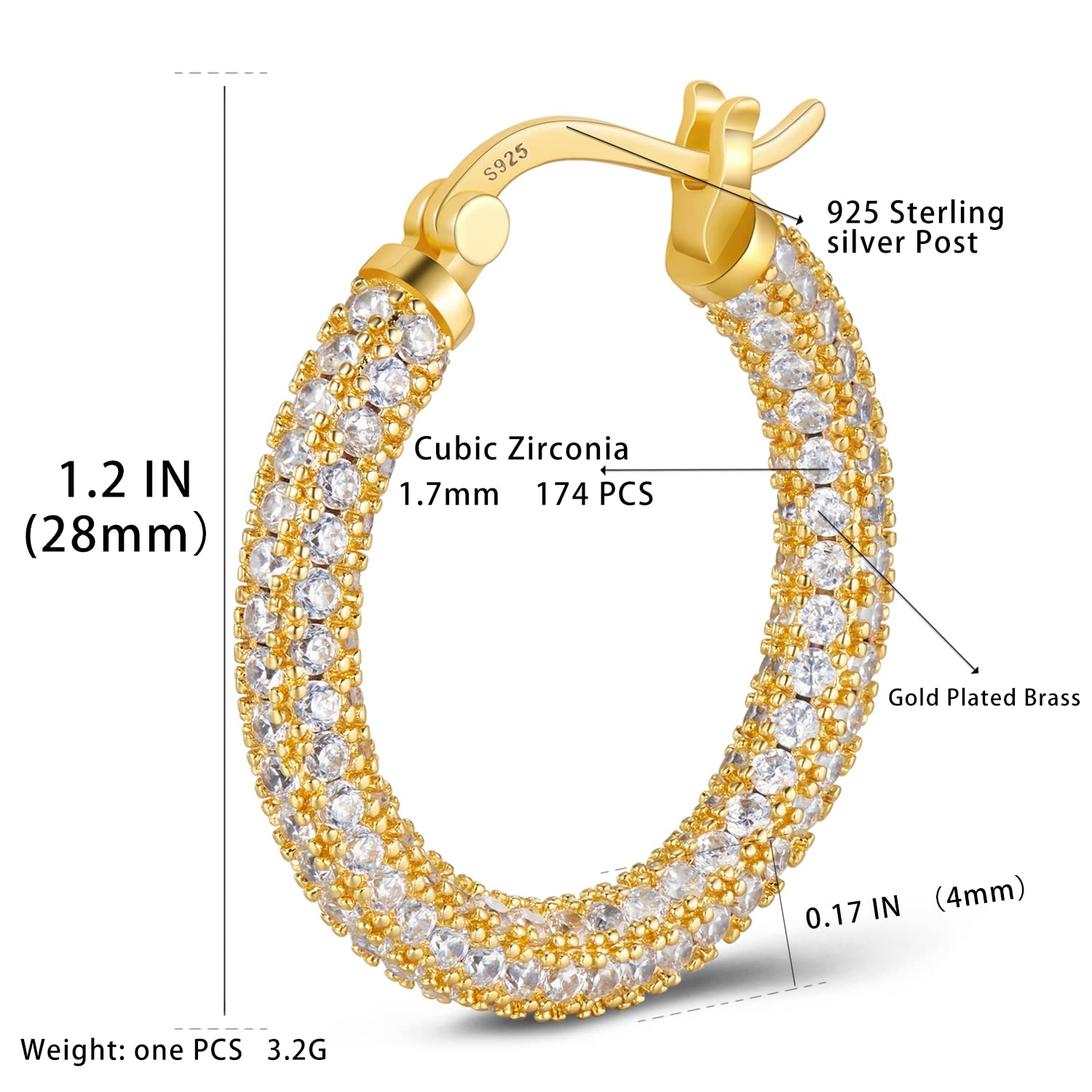 925 Sterling Silver Post Hoop Earrings for Women Gilrs Green Cubic Zirconia 14K Gold Plated Chunky Gold Hoop Earrings weinuo Jewelry