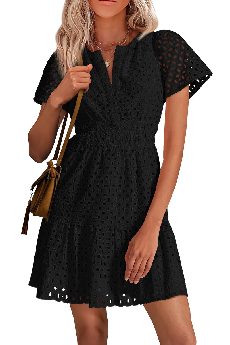 PRETTYGARDEN Womens 2025 Summer Short Dress V Neck Short Sleeve A Line Hollow Out Lace Ruffle Cute Casual Beach Party Dresses (Black,Small)