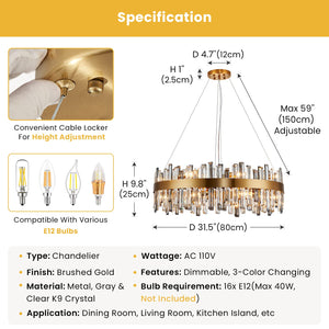 Siljoy Modern Crystal Chandelier 16 Lights Luxury Gold Round 2 Tiers Raindrop Chandelier Dimmable Flush Mount Crystal Ceiling Light for Dining Room Living Room Entryway Foyer D31.5''