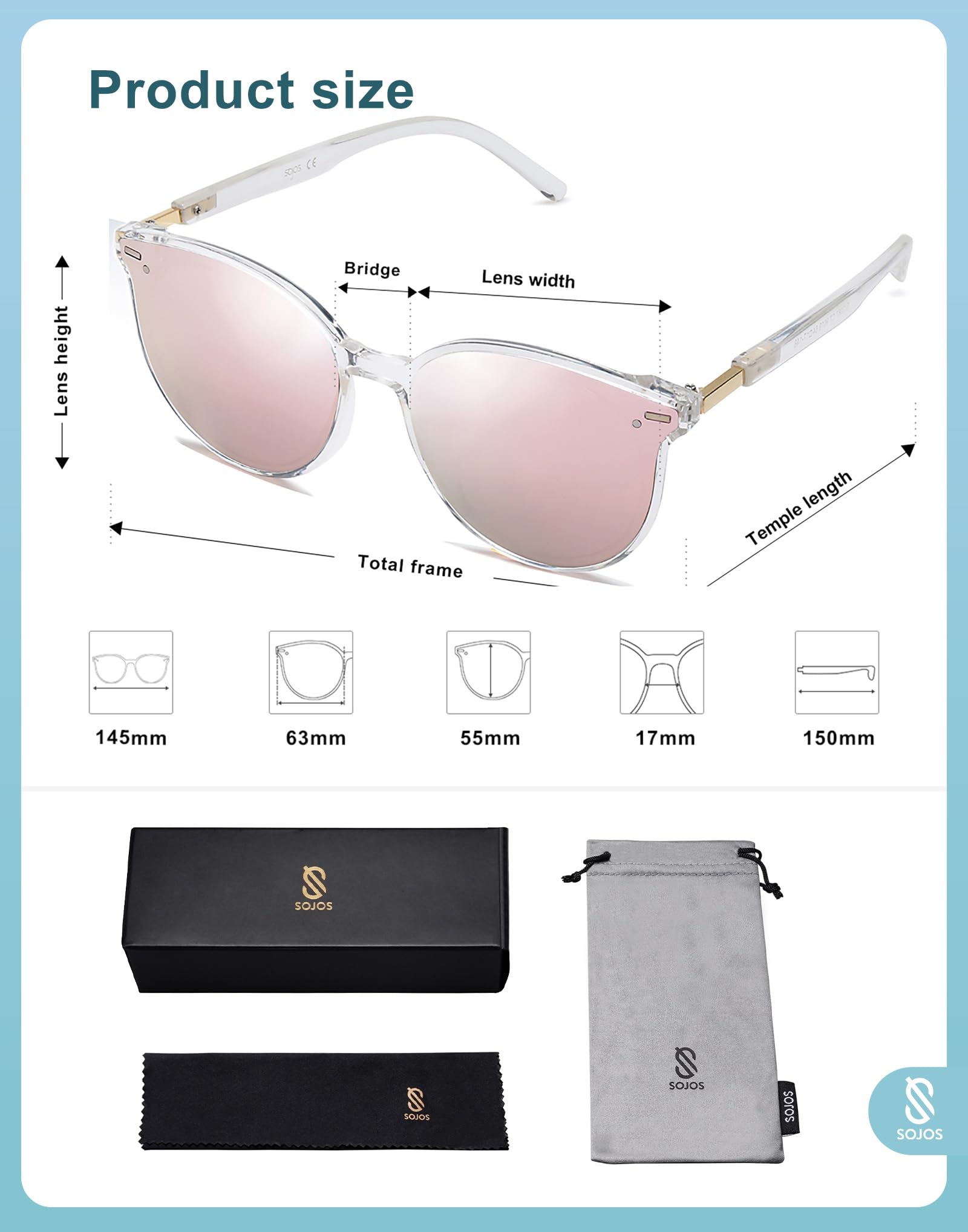 SOJOS Classic Round Sunglasses for Women Men Retro Vintage Shades Large Plastic Frame Sunnies SJ2067 with Crystal Frame/Pink Mirrored Lens