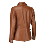 Load image into Gallery viewer, Jild Double Breasted Fancy Buttons Lambskin Leather Blazer Women - Kim Kardashian Long Sleeve Coat Style Leather Jacket Women (FC-Cognac-M)
