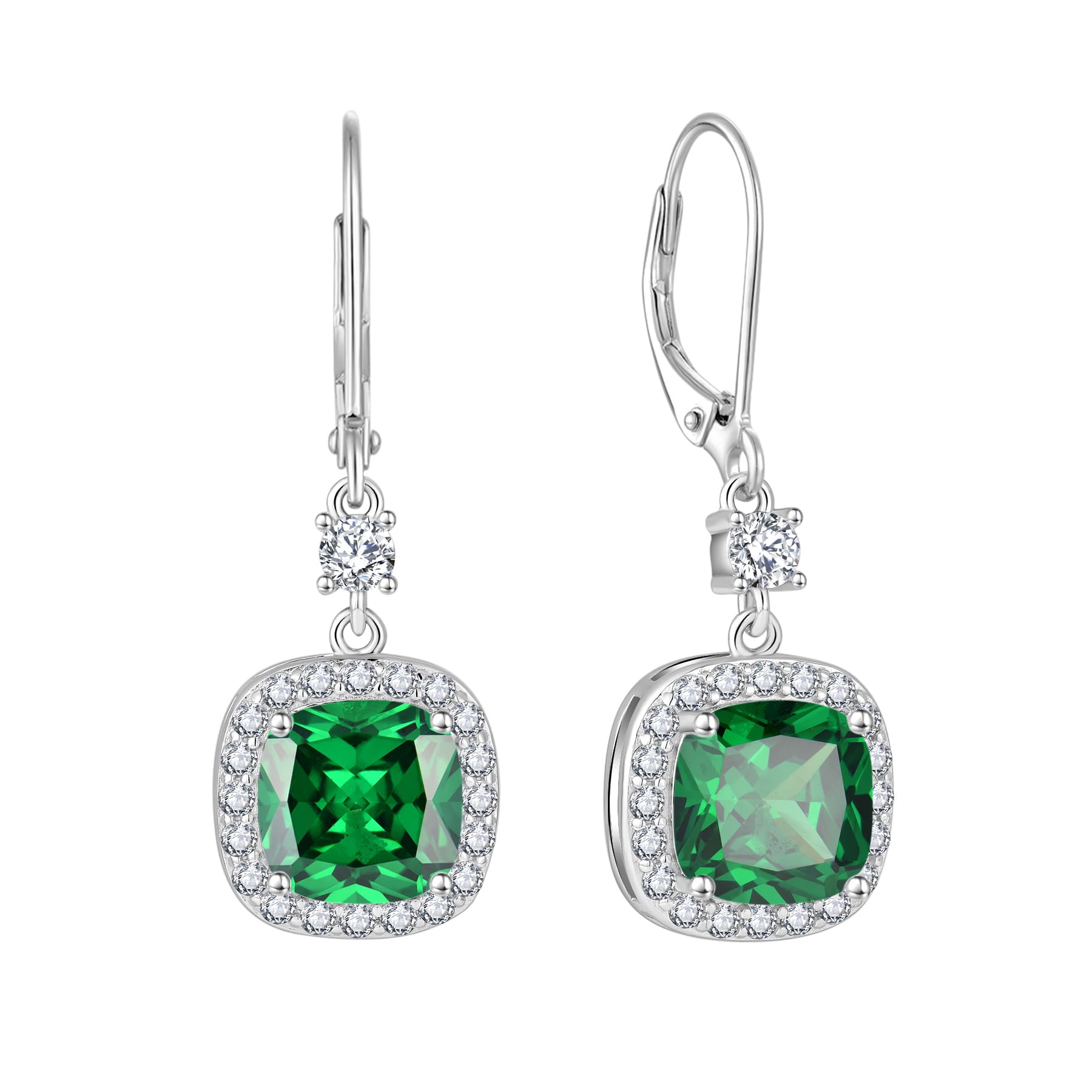 Inpasne Women Leverback Earrings 925 Sterling Silver Princess Cut Halo Earrings Emerald May Birthstone Dangle Drop Earrings for Women Her Mom Wife