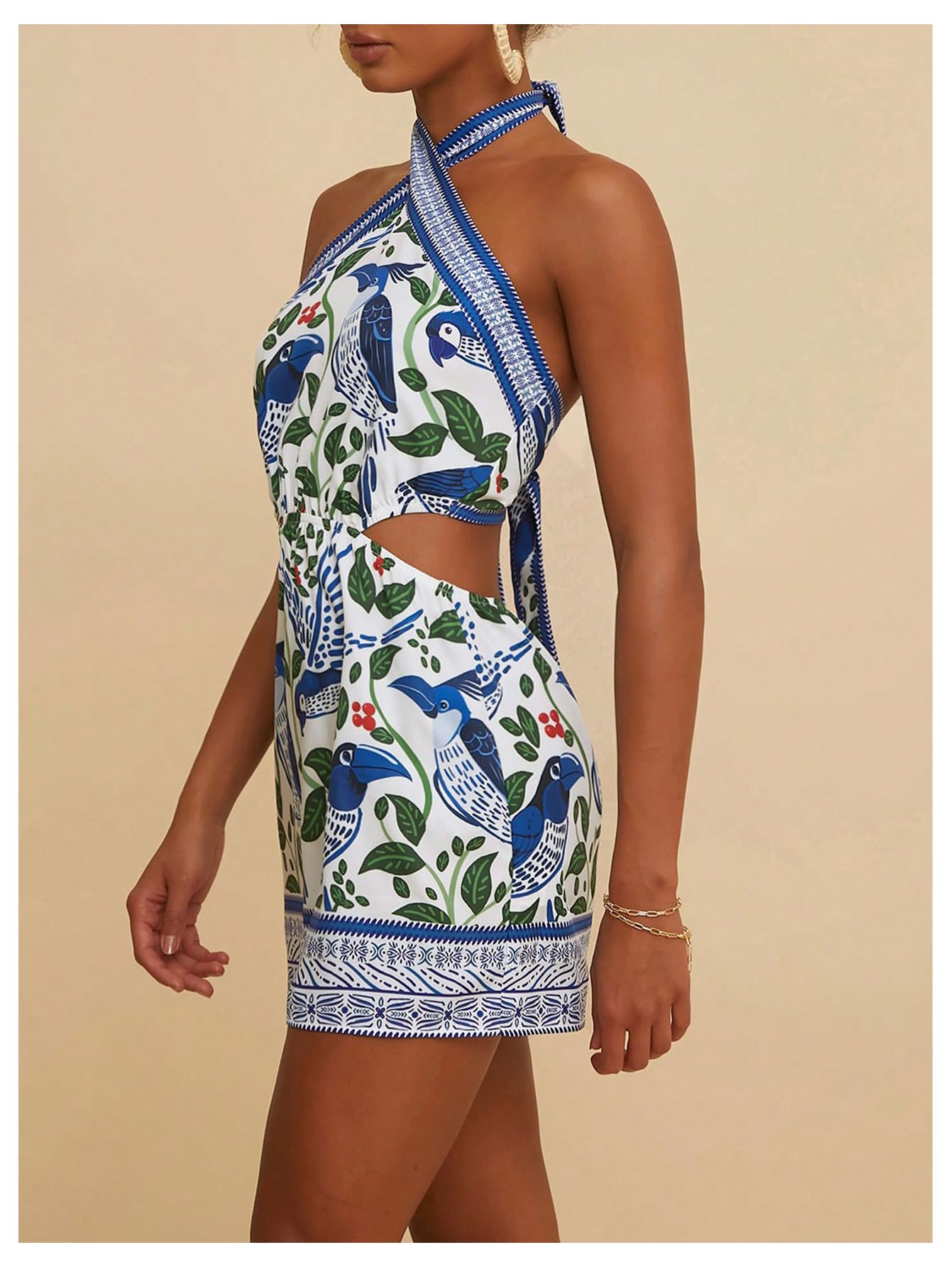 MakeMeChic Women's Chiffon Printed Halter Dress Tie Backless Criss Cross Cut Out Summer Mini Dresses Blue and White Medium