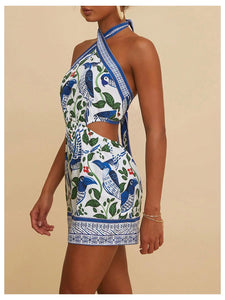 MakeMeChic Women's Chiffon Printed Halter Dress Tie Backless Criss Cross Cut Out Summer Mini Dresses Blue and White Medium