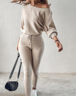 Load image into Gallery viewer, CHICME 2 Piece Lounge Outfit Long Sleeve Knit Pullover Tops Drawstring Pants Set Tracksuit Sweatsuit Beige-XL
