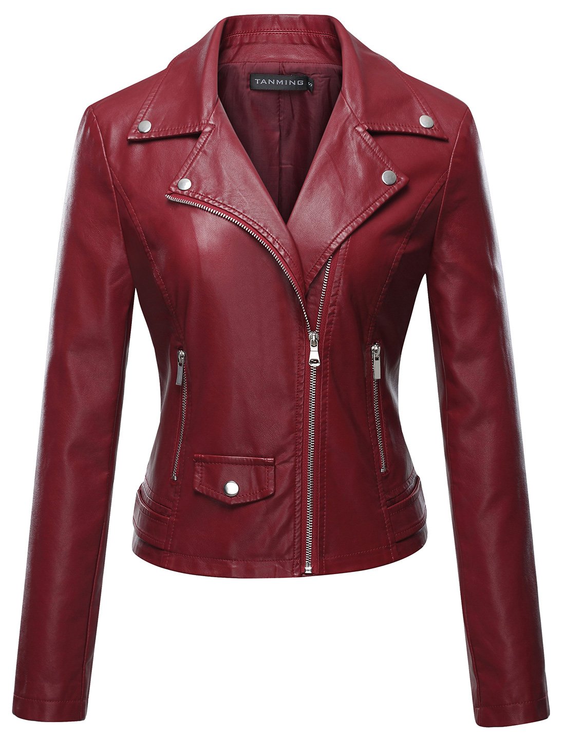 Tanming Women's Faux Leather Moto Biker Short Coat Jacket (WineRed-M)