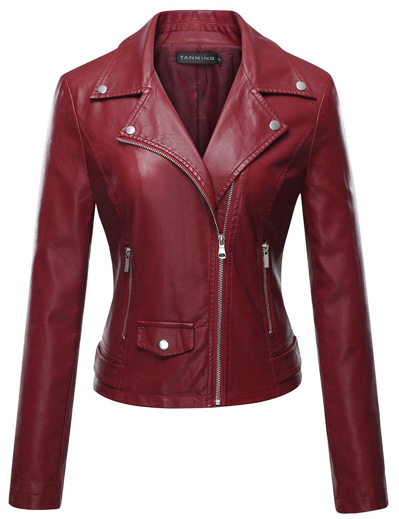 Tanming Women's Faux Leather Moto Biker Short Coat Jacket (WineRed-M)