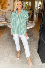 Load image into Gallery viewer, Women Green 2025 Summer Stripe Dolman Sleeve V Neck Oversize Shirt Tops Casual Button Up Short Sleeve Striped Blouse
