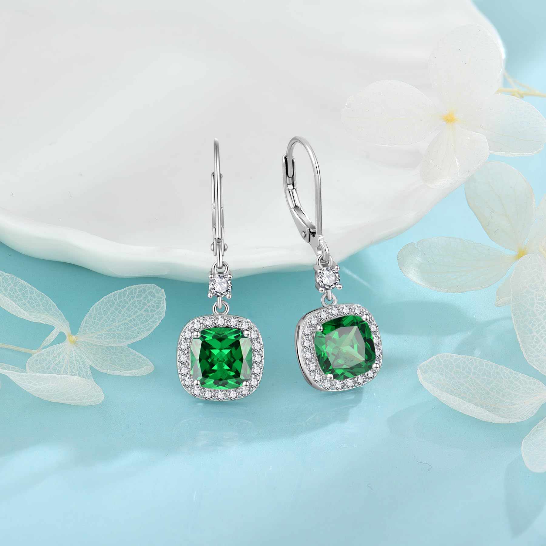 Inpasne Women Leverback Earrings 925 Sterling Silver Princess Cut Halo Earrings Emerald May Birthstone Dangle Drop Earrings for Women Her Mom Wife