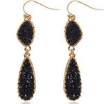 Load image into Gallery viewer, Black and Gold Tone Earrings for Women - Simulated Druzy Drop Dangles - Long Double Teardrop Dangly Earrings for Women, Gold Tone - Black Stone
