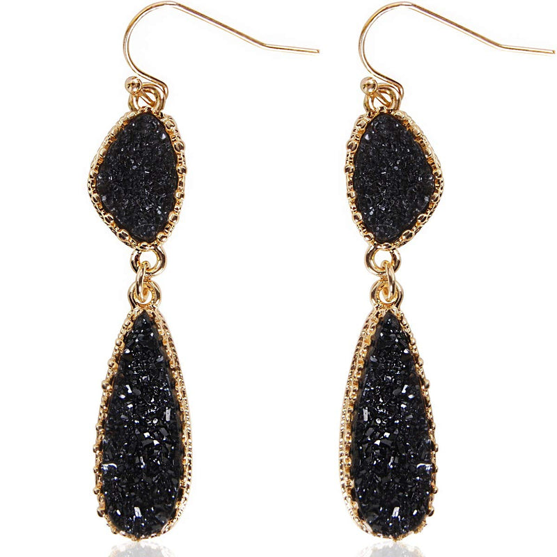 Black and Gold Tone Earrings for Women - Simulated Druzy Drop Dangles - Long Double Teardrop Dangly Earrings for Women, Gold Tone - Black Stone