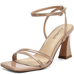 Load image into Gallery viewer, AIUNIIND Heeled Sandals for Women Chunky Block High Heels Square Open Toe Sandals with Ankle Strap 3 Inch Dress Heels Comfortable Patent Leather Nude 9
