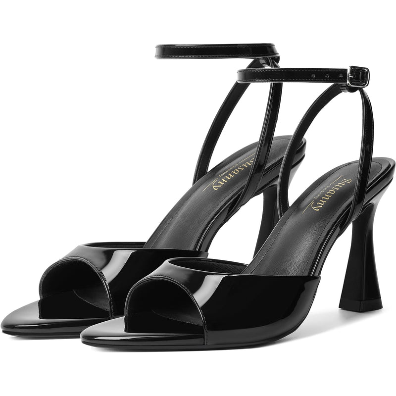Susanny Black Heels for Women Pointed Open Toe Strappy Chunky Block High Heels Ankle Strap Stiletto Kitten Heeled Sandals Wedding Bridal Party Prom Sexy Dress Shoes 9