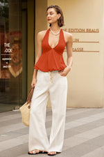 Load image into Gallery viewer, SENSERISE Womens Halter Tank Top Deep V Neck Tops Cami Tank Tops Bubble Hem Tie Back Sleeveless Shirts(Orange red,M)
