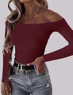 Load image into Gallery viewer, OwnTime Womens Off The Shoulder Tops Sexy Long Sleeve Shirts Fall Ribbed Knit Slim Fit Going Out Trendy Tops Blouses Burgundy M
