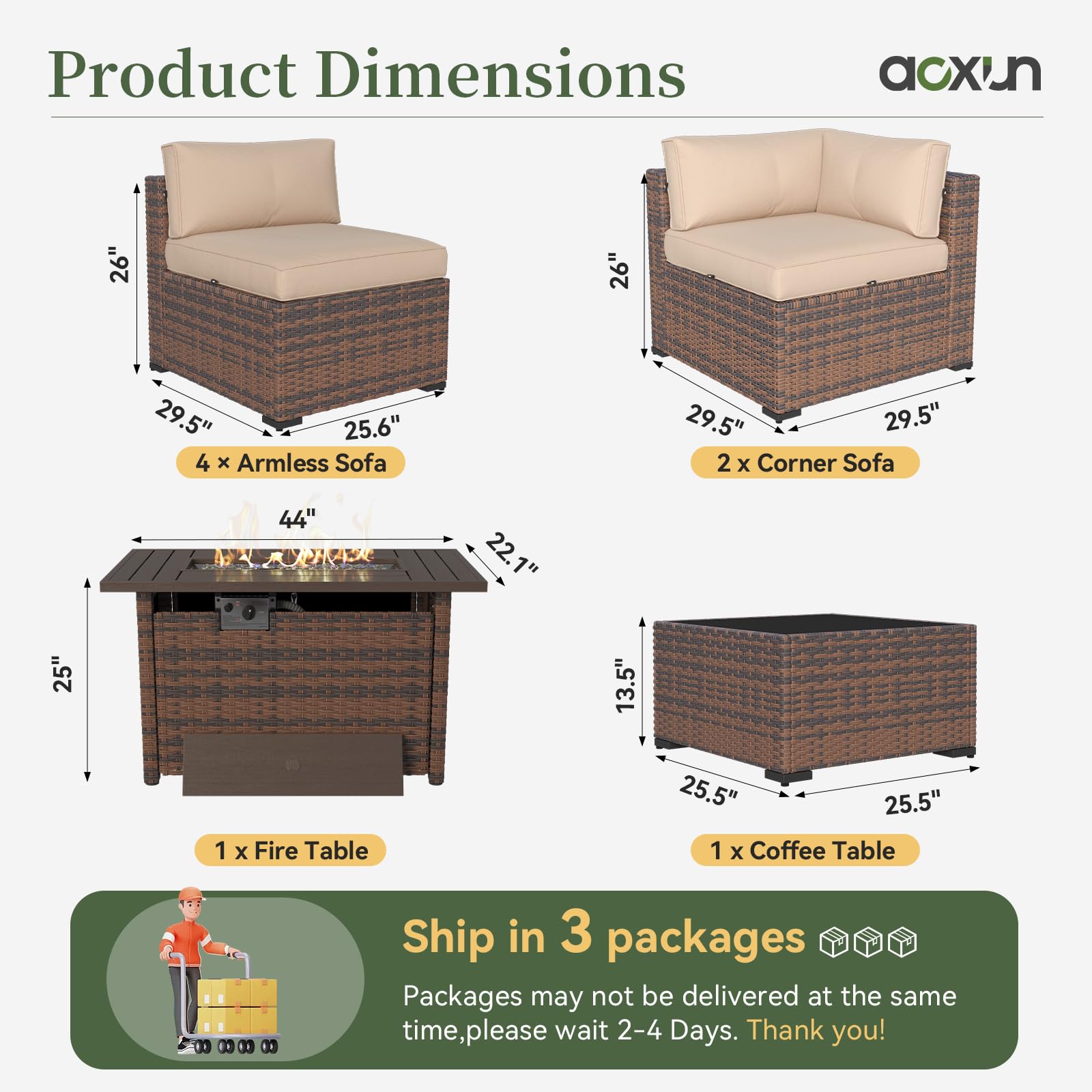 Aoxun 8 Piece Patio Furniture Set with 44” Fire Pit Table Wicker Rattan Outdoor Sectional Sofa Set with Coffee Table and Thickened Cushions, Beige (Waterproof Cover Included)