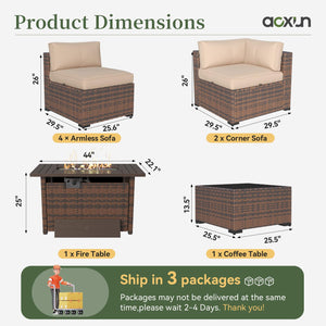 Aoxun 8 Piece Patio Furniture Set with 44” Fire Pit Table Wicker Rattan Outdoor Sectional Sofa Set with Coffee Table and Thickened Cushions, Beige (Waterproof Cover Included)