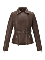 Load image into Gallery viewer, Bellivera Women's Faux Leather Short Jacket Moto Sherpa-Lined Belt Coat with Removable Fur Collar 9203 Brown S
