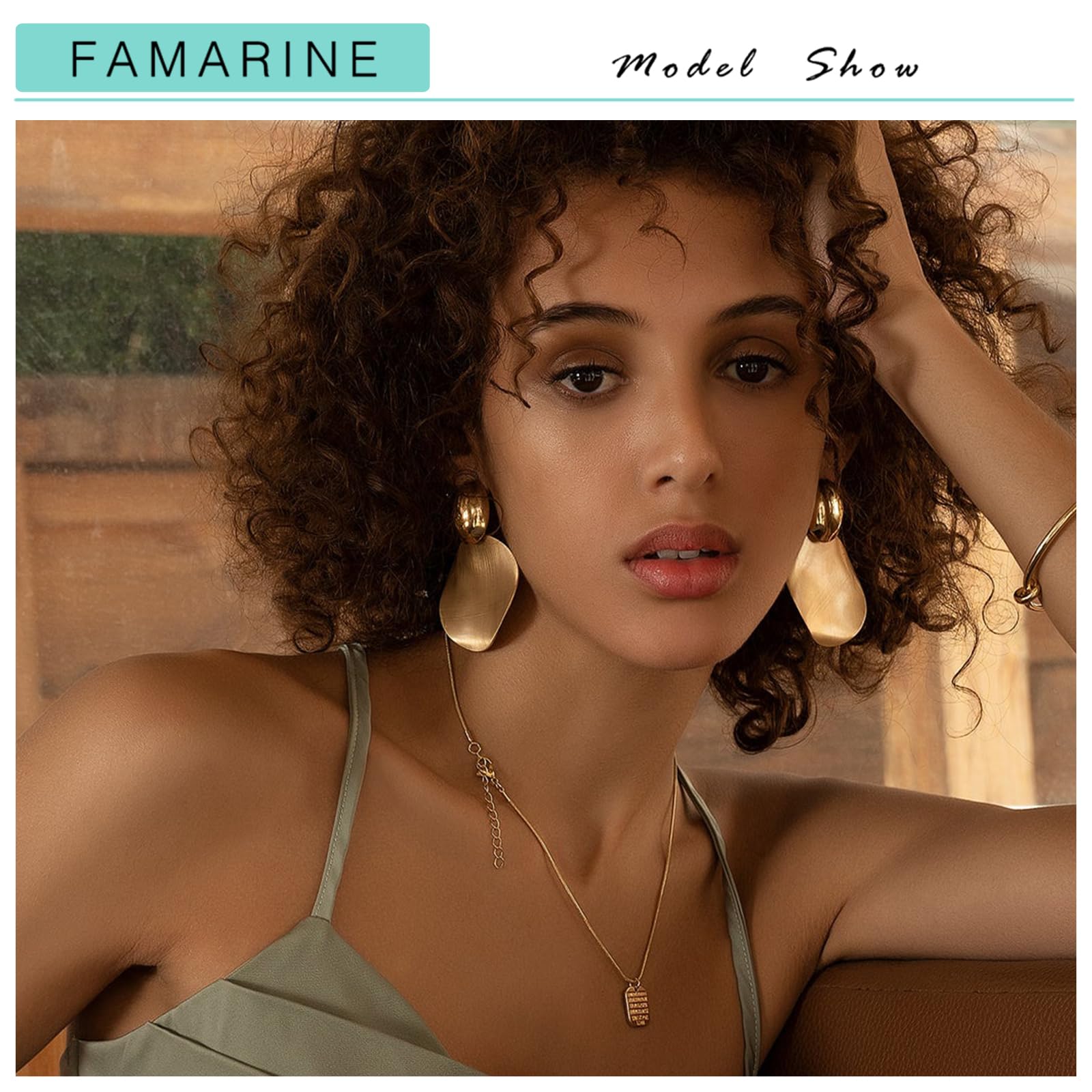 FAMARINE Big Disc Drop Dangle Earrings Statement Brushed Round Hammered Women Earrings Fashion Jewelry, Matte 14K Gold Plated Brass