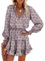 Load image into Gallery viewer, Dokotoo Womens Boho Dresses Beach Vacation Clothes for Women Casual Long Sleeve Drawstring V Neck Smocked Elastic Waist Ruffle Tiered A-Line Floral Bohemian Hawaiian Mini Short Dress Sundress Large
