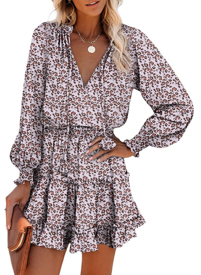Dokotoo Womens Boho Dresses Beach Vacation Clothes for Women Casual Long Sleeve Drawstring V Neck Smocked Elastic Waist Ruffle Tiered A-Line Floral Bohemian Hawaiian Mini Short Dress Sundress Large