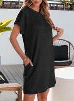 Load image into Gallery viewer, EVALESS Womens Summer Dresses 2025 Fashion Short Sleeve Cute Spring Mini Dress Crewneck Solid Casual Beach Vacation Clothes Tshirt Dresses with Pockets Black Small
