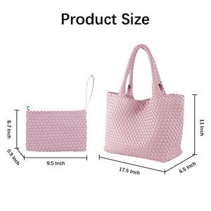 SporGenius Woven Tote Bag for Women, Vegan Leather Handwoven Bags with Small Handmade Purse, Large Travel Braided Top Handle Handbags (Pink)