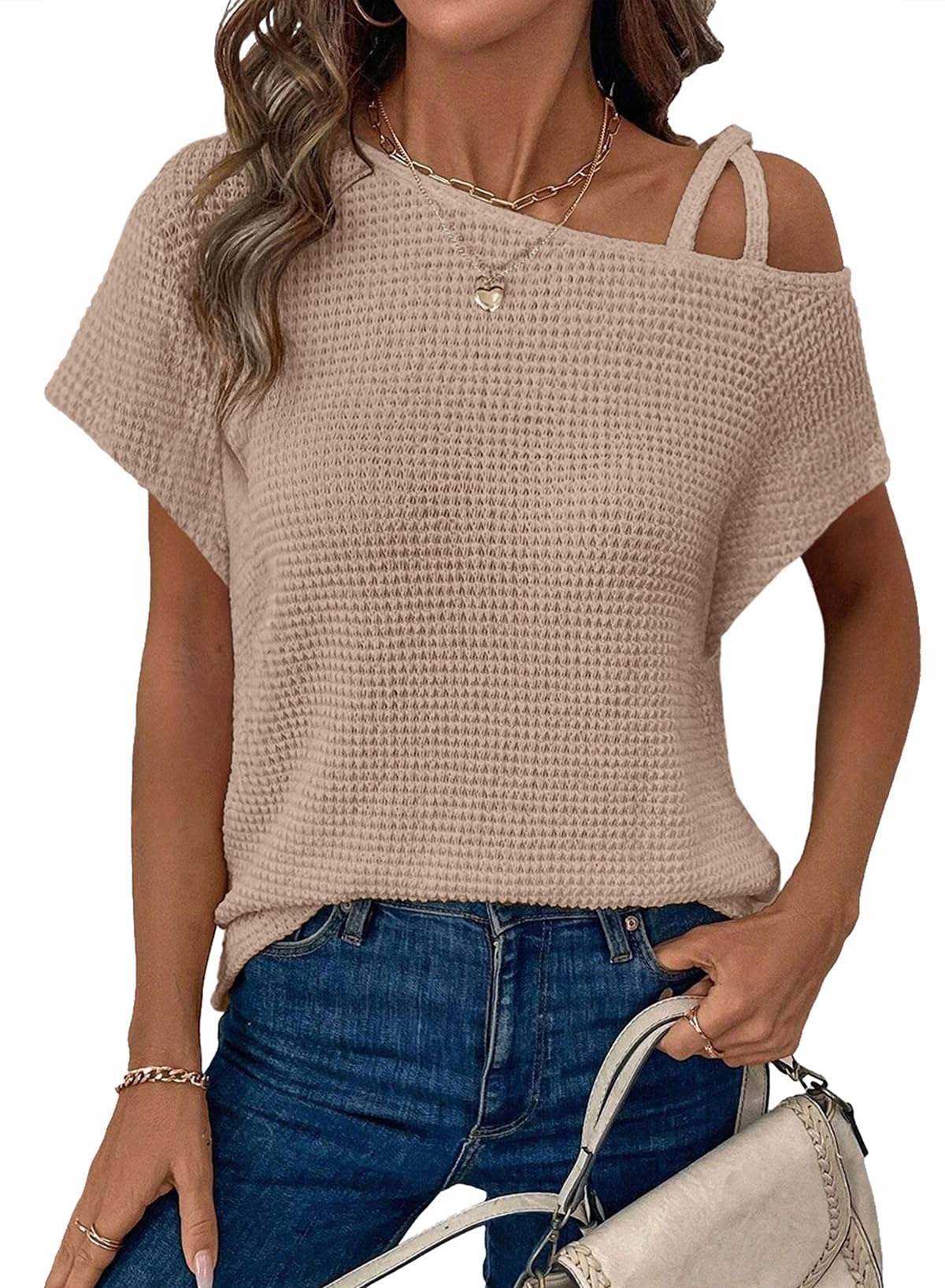 Dokotoo Womens Summer Off The Shoulder Tops for Women Waffle Knit Short Sleeve T-Shirts Casual Loose Elegant Cross Straps Lightweight Soft Solid Color Blouses Cute Trendy Fashion 2025 Khaki Small