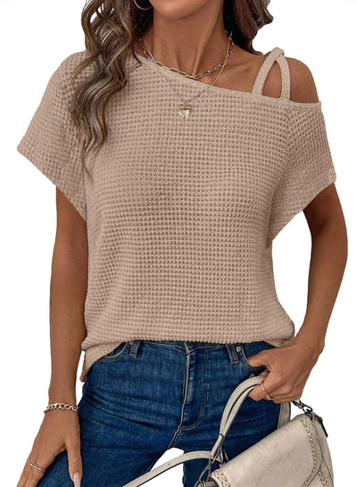 Dokotoo Womens Summer Off The Shoulder Tops for Women Waffle Knit Short Sleeve T-Shirts Casual Loose Elegant Cross Straps Lightweight Soft Solid Color Blouses Cute Trendy Fashion 2025 Khaki Small