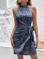 Load image into Gallery viewer, LIGHT DOT Women's Summer Dress Dot Print Halter Neck Tie Waist Casual Zipper Back Sundress Vacation Beach (Navy, L)
