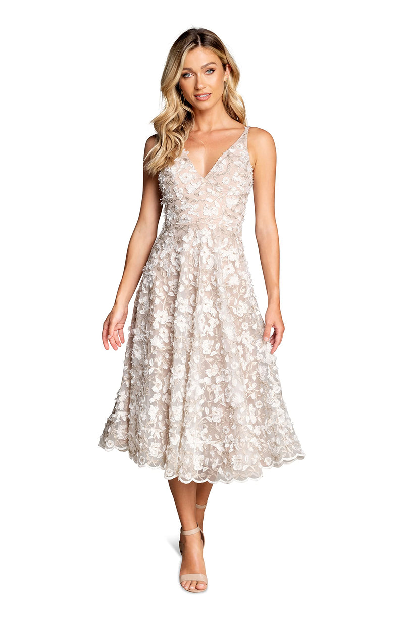 Dress the Population Women's Elisa Sleeveless Plunge Neckline FIT and Flare MIDI Dress, White/Gold, Medium