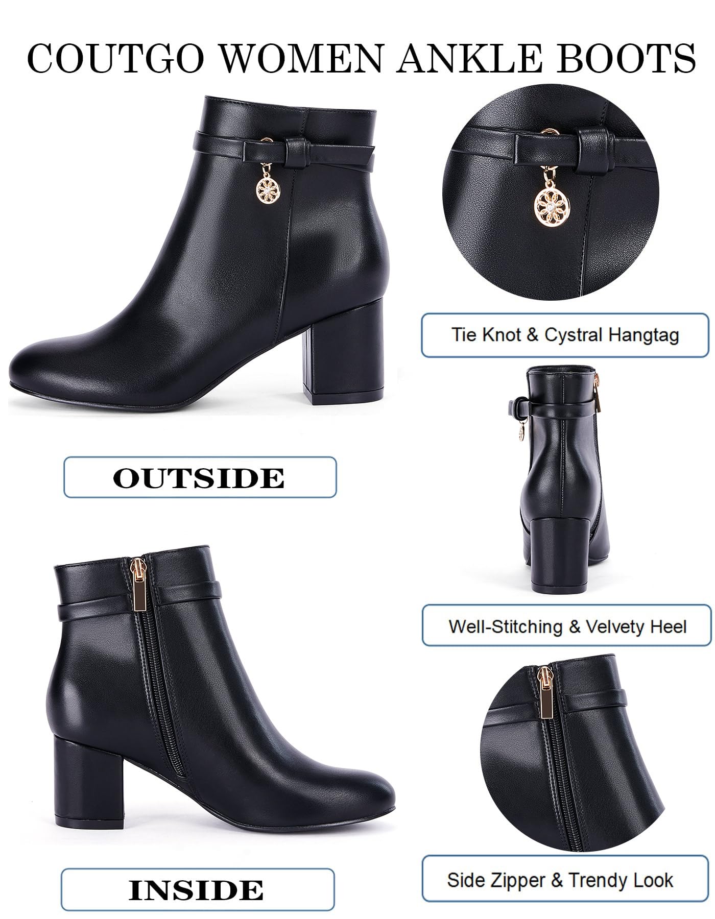 Coutgo Women's Ankle Boots Chunky Block Low Heel Vintage Tie Knot Booties Shoes with Side Zipper