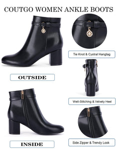 Coutgo Women's Ankle Boots Chunky Block Low Heel Vintage Tie Knot Booties Shoes with Side Zipper
